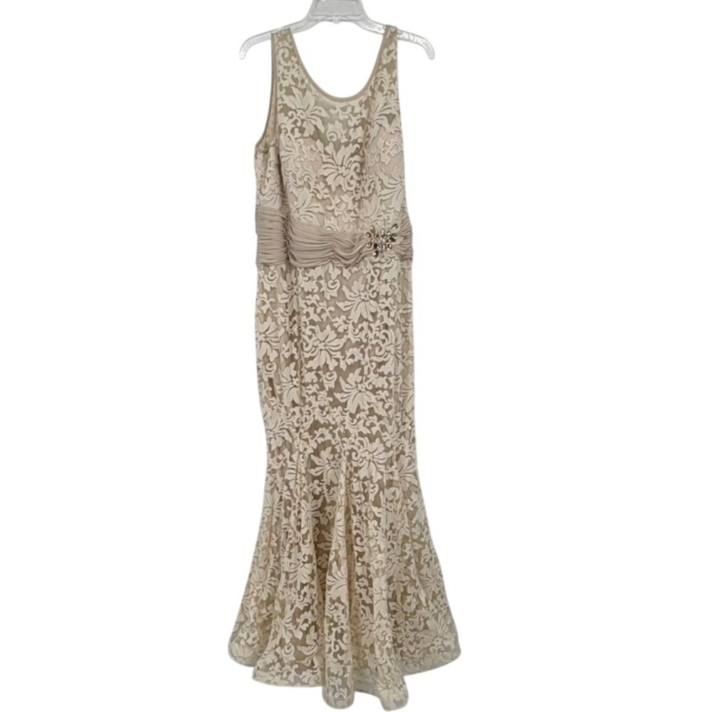 Montage by Mon Cheri Gown Womens 14 Beige Floral Lace Ruched Waist Formal Dress